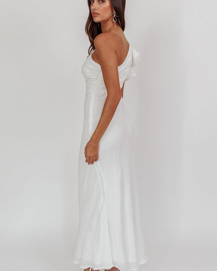 White One-Shoulder Ruffle Maxi Dress