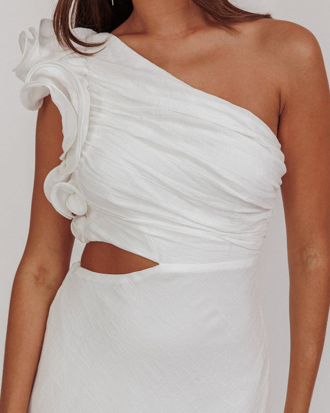White One-Shoulder Ruffle Maxi Dress