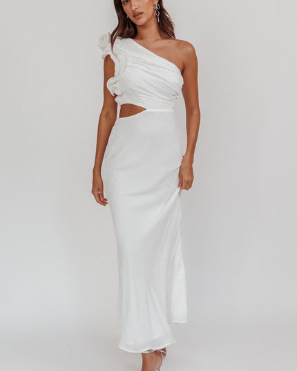 White One-Shoulder Ruffle Maxi Dress