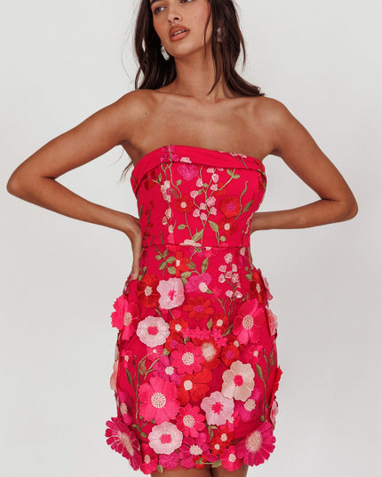 Fuchsia Strapless Floral Embellished Mini Dress