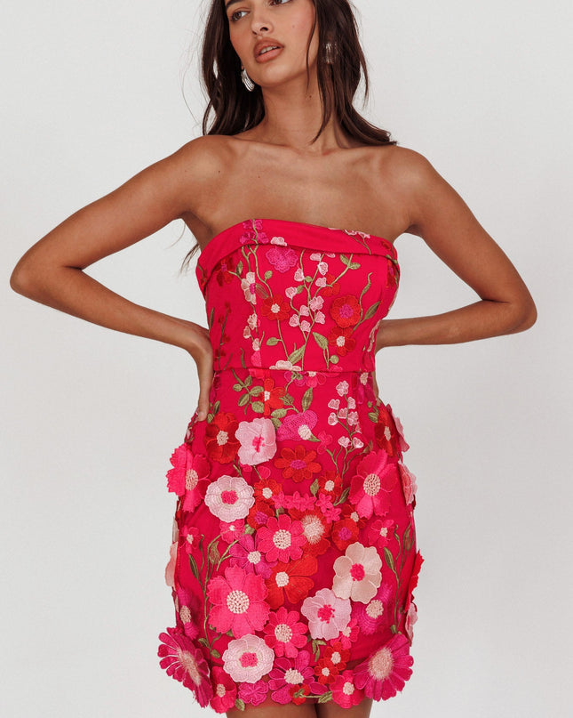 Fuchsia Strapless Floral Embellished Mini Dress