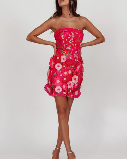 Fuchsia Strapless Floral Embellished Mini Dress