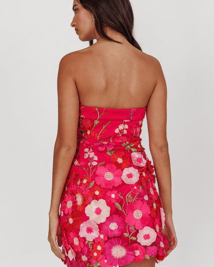 Fuchsia Strapless Floral Embellished Mini Dress