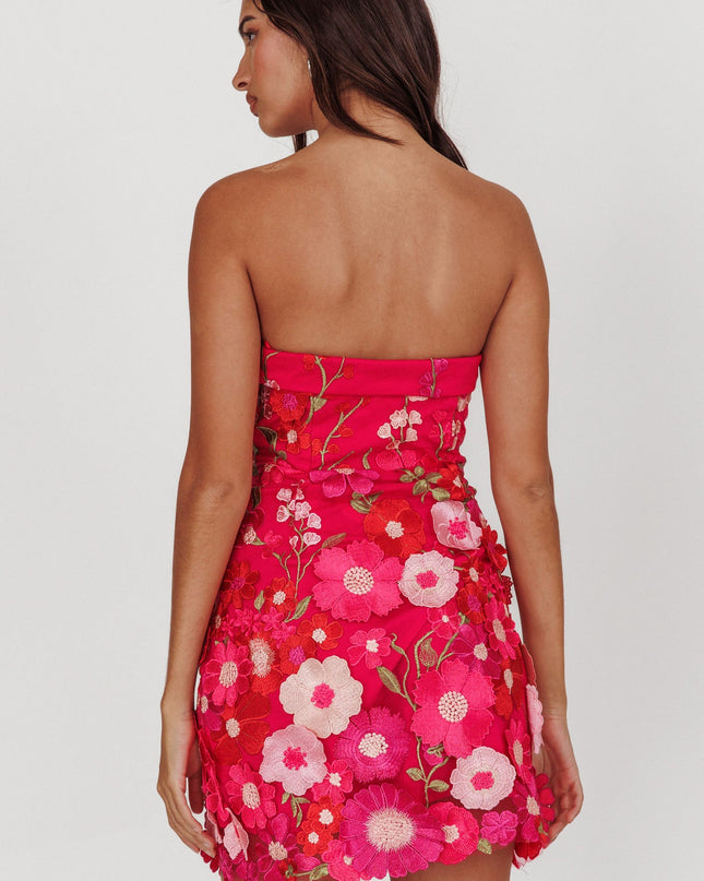 Fuchsia Strapless Floral Embellished Mini Dress