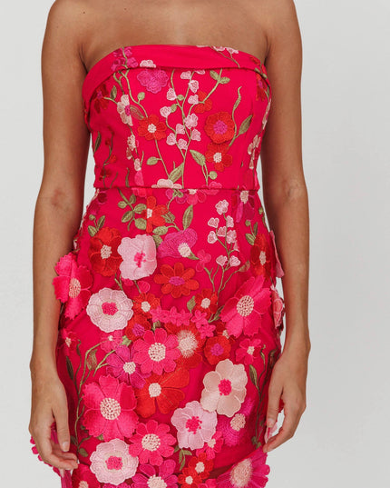 Fuchsia Strapless Floral Embellished Mini Dress
