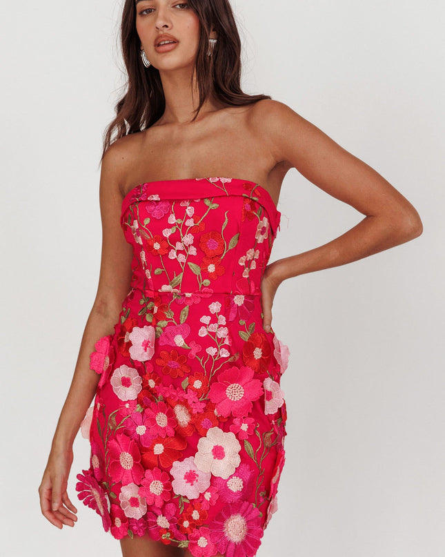 Fuchsia Strapless Floral Embellished Mini Dress