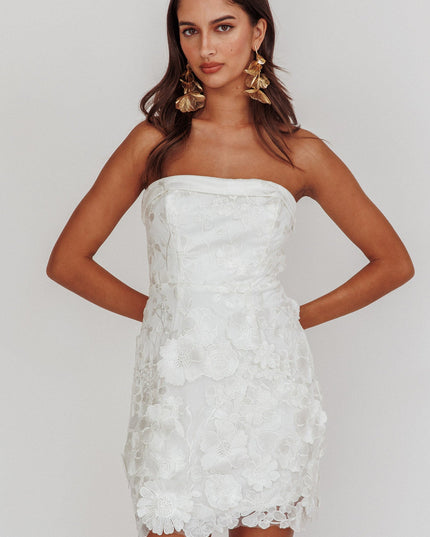 White Strapless Floral Embellished Mini Dress
