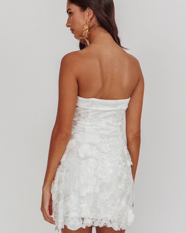 White Strapless Floral Embellished Mini Dress