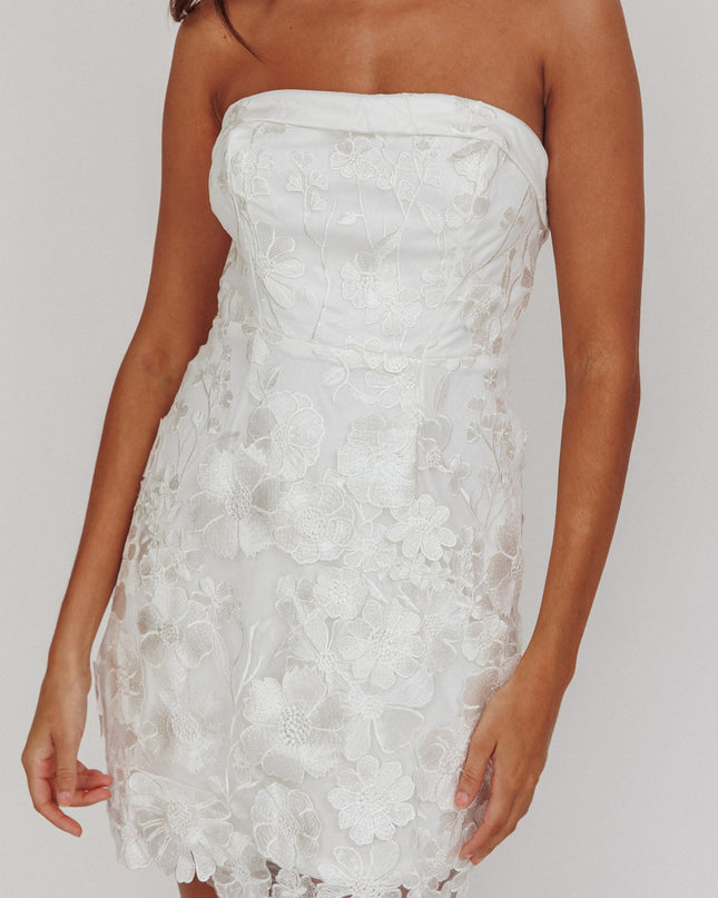 White Strapless Floral Embellished Mini Dress