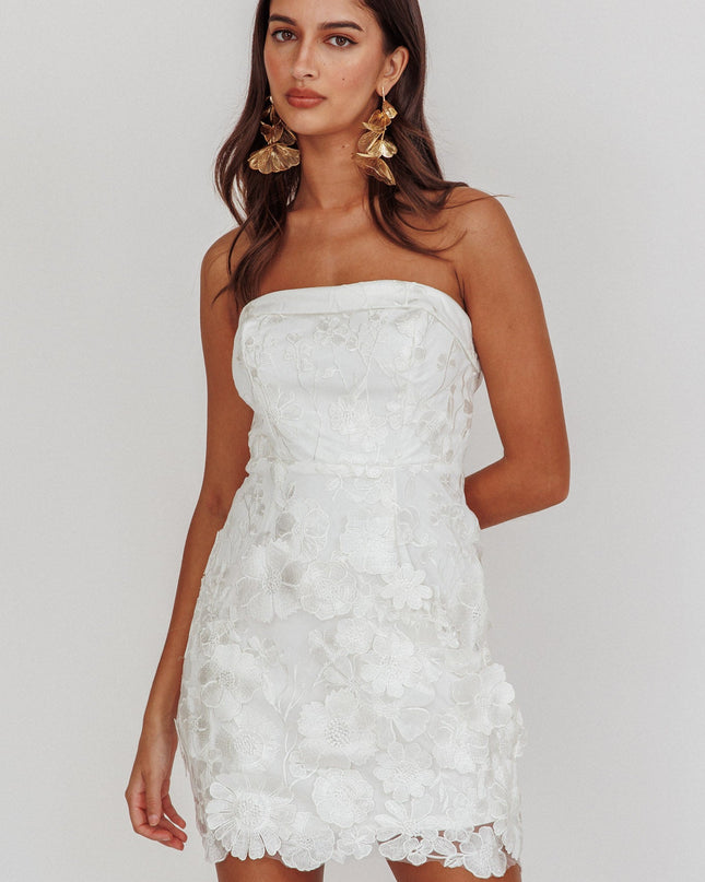 White Strapless Floral Embellished Mini Dress