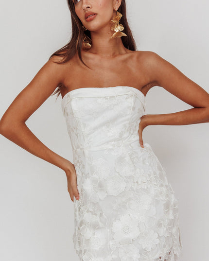 White Strapless Floral Embellished Mini Dress