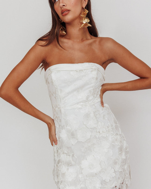 White Strapless Floral Embellished Mini Dress