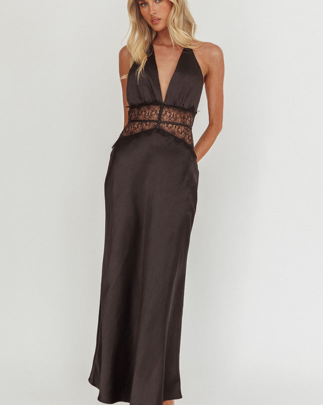 Black Lace Waist Halter Maxi Dress