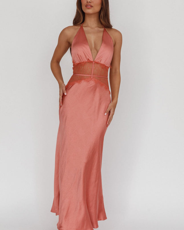 Rose Lace Waist Halter Maxi Dress