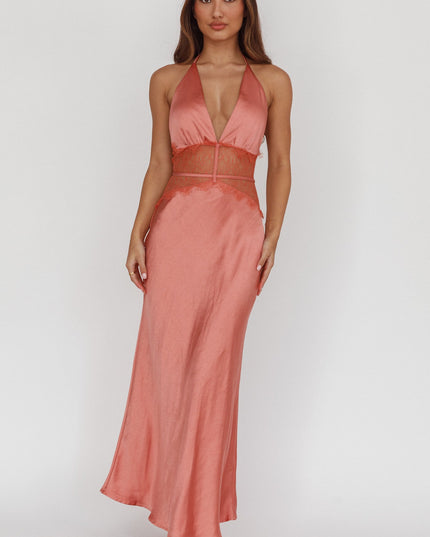 Rose Lace Waist Halter Maxi Dress