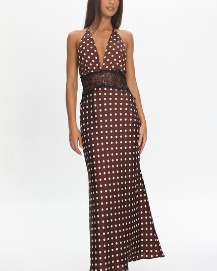Chocolate Lace Waist Halter Maxi Dress Polka Dot