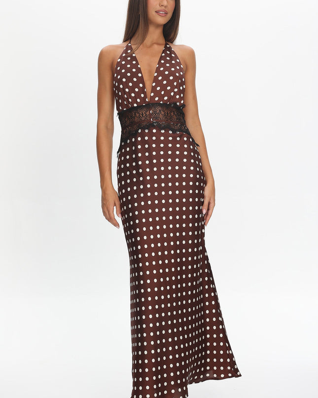 Chocolate Lace Waist Halter Maxi Dress Polka Dot