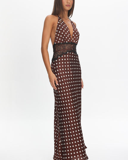 Chocolate Lace Waist Halter Maxi Dress Polka Dot