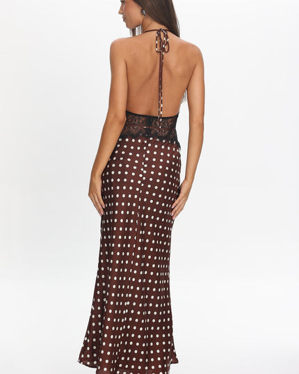 Chocolate Lace Waist Halter Maxi Dress Polka Dot