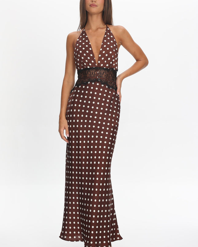 Chocolate Lace Waist Halter Maxi Dress Polka Dot