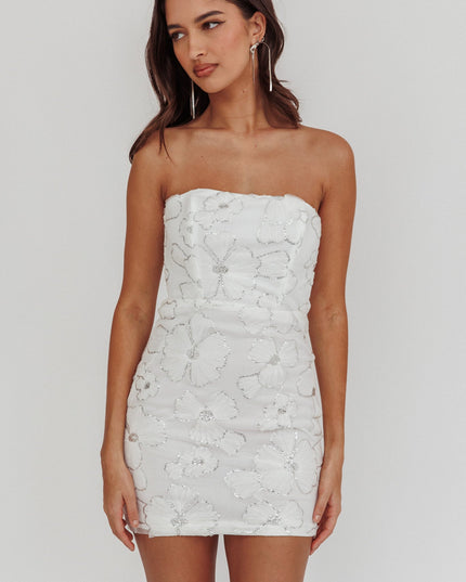 White Strapless Tied Back Mini Dress Embellished