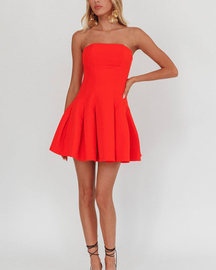 Red Strapless Pleat Mini Dress