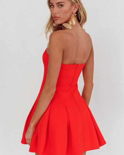 Red Strapless Pleat Mini Dress