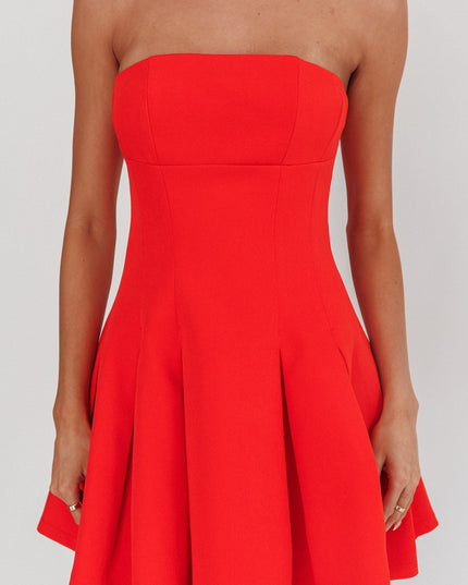 Red Strapless Pleat Mini Dress