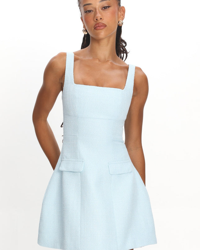 Blue Faux Pocket Tweed Mini Dress