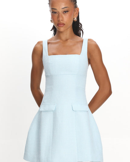 Blue Faux Pocket Tweed Mini Dress