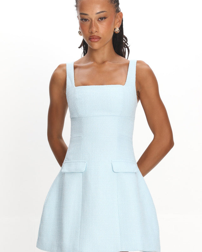 Blue Faux Pocket Tweed Mini Dress