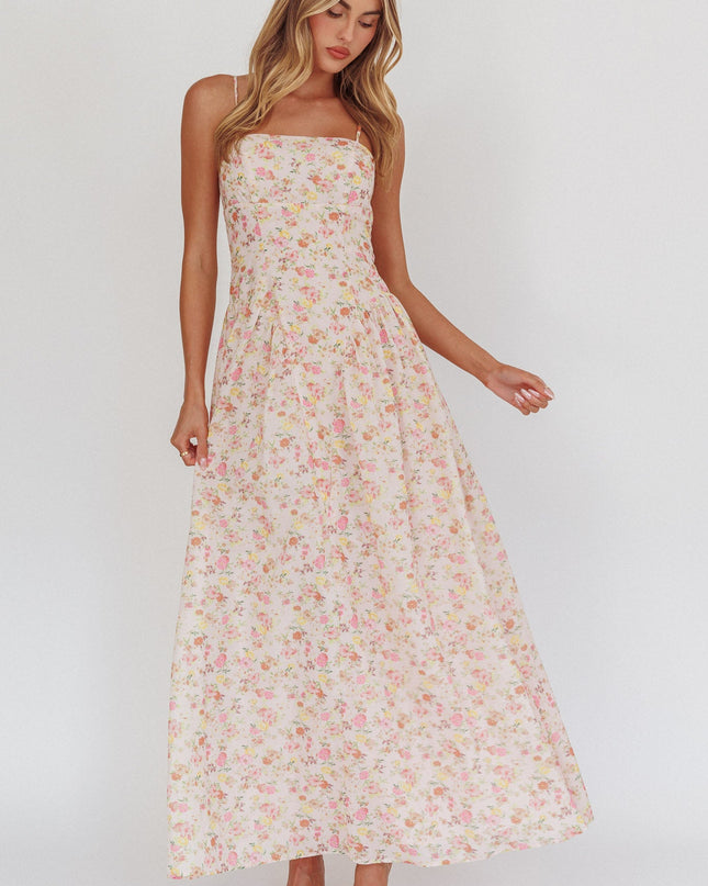 Pink Daisy Day Basque Waist Maxi Dress Floral
