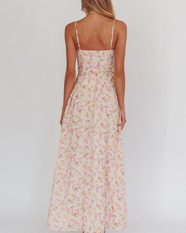 Pink Daisy Day Basque Waist Maxi Dress Floral