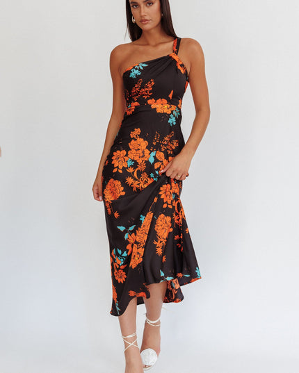 Black Satin One Shoulder Maxi Dress Floral