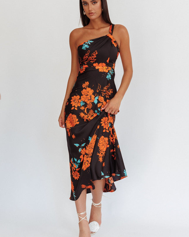 Black Satin One Shoulder Maxi Dress Floral