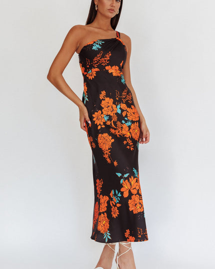 Black Satin One Shoulder Maxi Dress Floral