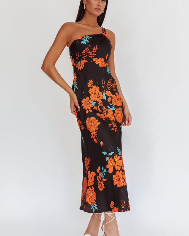 Black Satin One Shoulder Maxi Dress Floral