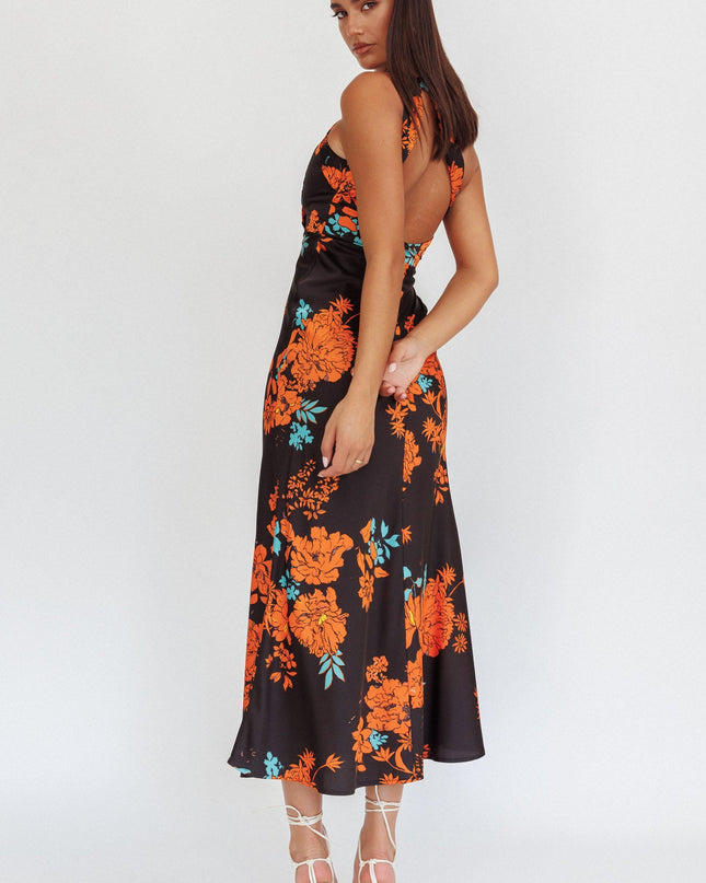 Black Satin One Shoulder Maxi Dress Floral