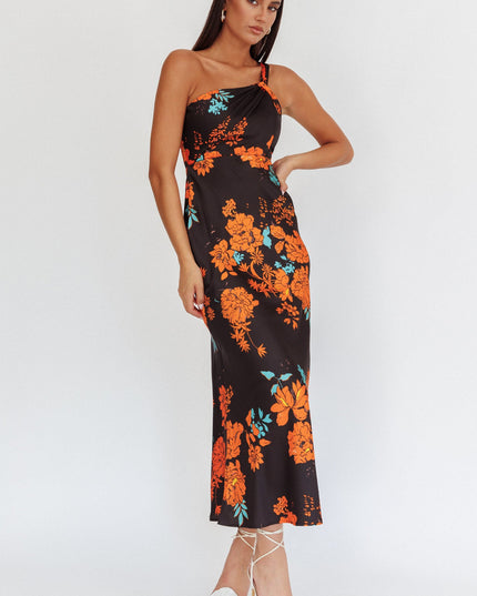 Black Satin One Shoulder Maxi Dress Floral