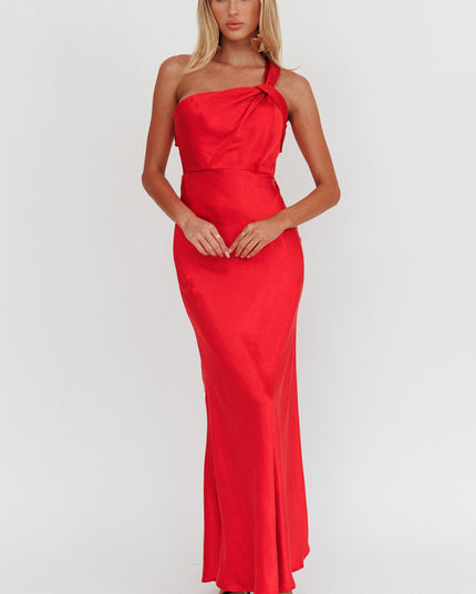 Red Satin One Shoulder Maxi Dress