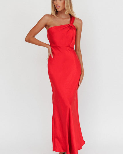 Red Satin One Shoulder Maxi Dress