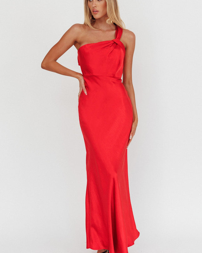 Red Satin One Shoulder Maxi Dress