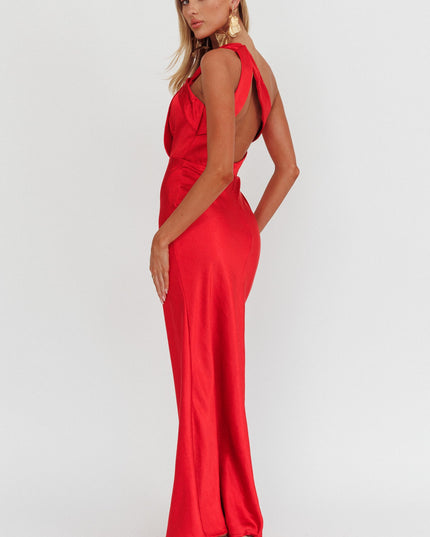 Red Satin One Shoulder Maxi Dress
