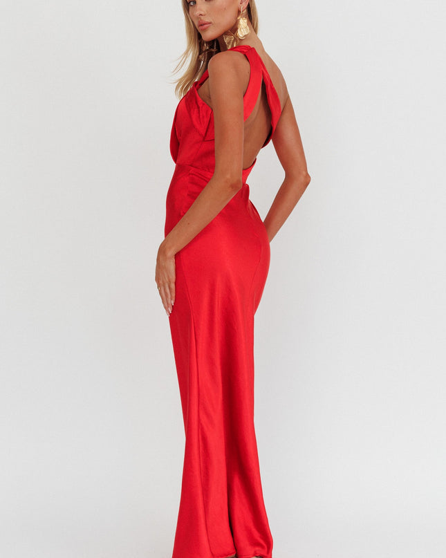 Red Satin One Shoulder Maxi Dress