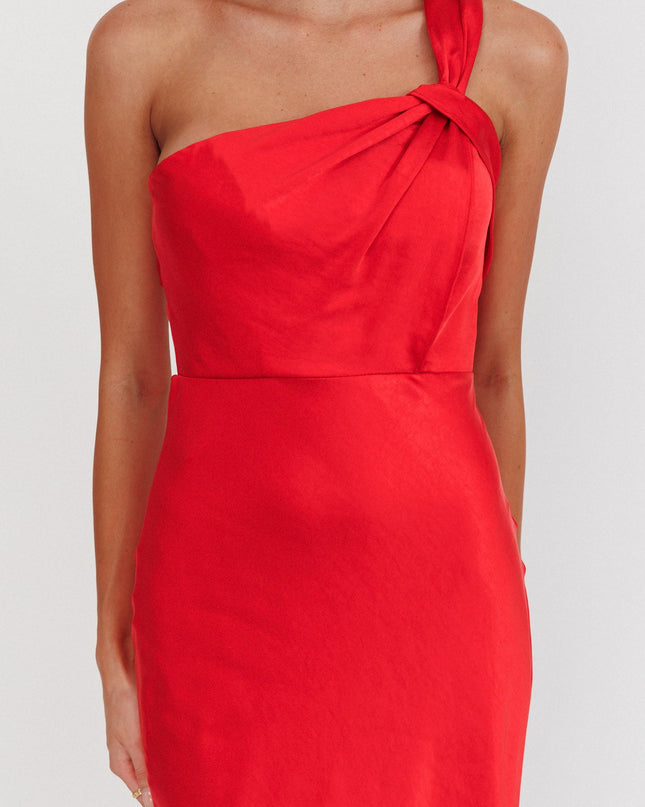 Red Satin One Shoulder Maxi Dress
