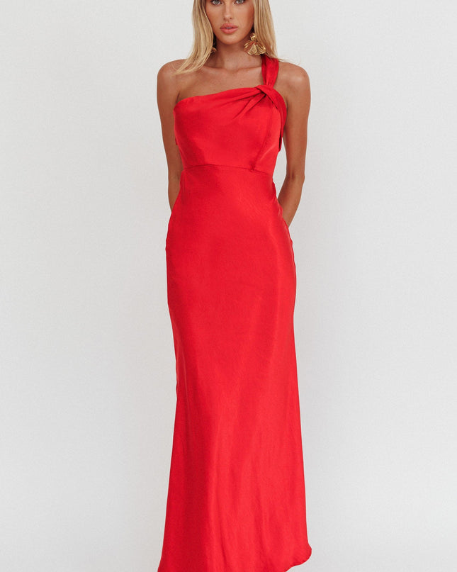 Red Satin One Shoulder Maxi Dress