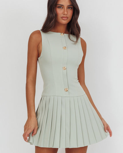 Sage Pleat Skirt Button Mini Dress