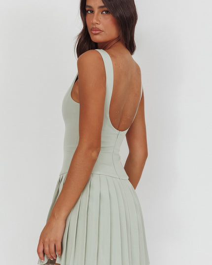 Sage Pleat Skirt Button Mini Dress