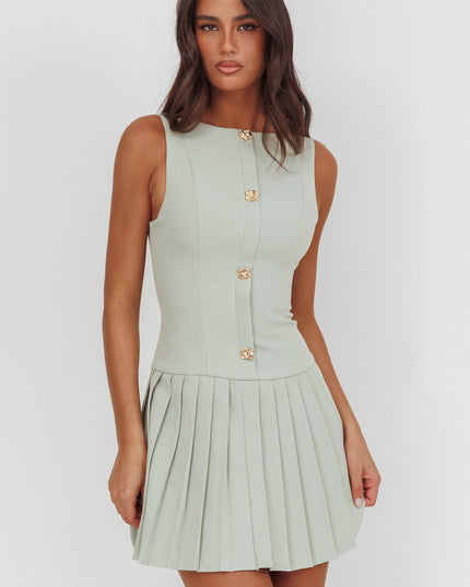 Sage Pleat Skirt Button Mini Dress