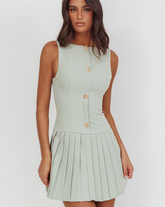 Sage Pleat Skirt Button Mini Dress